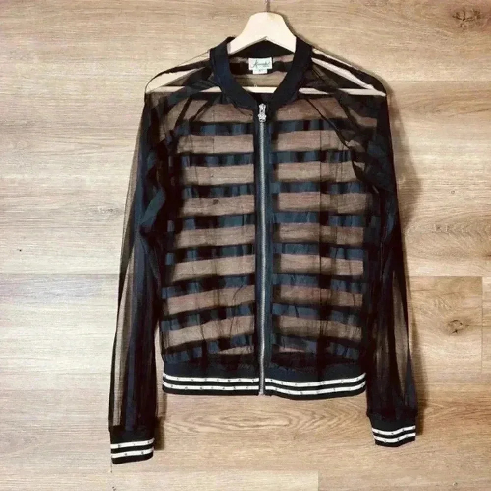 Alexandra Collection Contemporary Zip Up Black Mesh Jacket Sz S